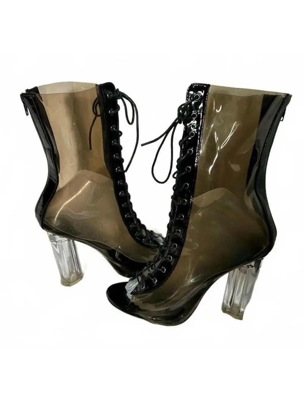 Fashion Nova Avant-garde Smoky Transparent Lace-Up Peep Toe Boot Block Heel 10
